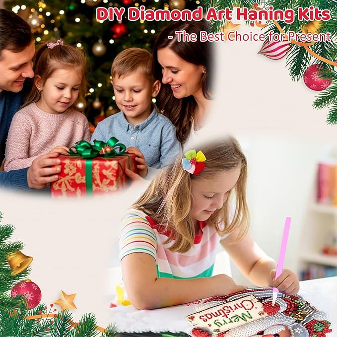 MEIYUDA Christmas Santa Claus Diamond Art Hanging Kits for Adult, Merry Christmas Diamond Painting Kits Ornaments, DIY Special Shaped Rhinestone Window Pendants kit for Home Garden Wall Decor Gift
