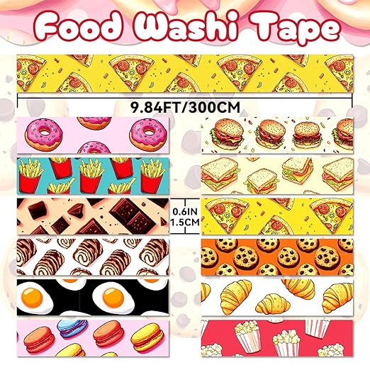 12 Rolls Cute Food Themed Washi Tape Set, Cartoon Yummy Dessert Decorative Tape Macarons Colorful Masking Tape for Journaling Supplies, Junk Journal, Scrapbooking, DIY Arts & Crafts Supplies
