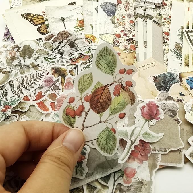 Gorofit Retro Scrapbook Supplies Kit, 200 Sheets of Mixed Natural Color Paper and Sticker Pack, Used for Diaries, Scrapbooks, Crafts, Collages, Murals, Bullet Diaries (Plants and Butterflies)