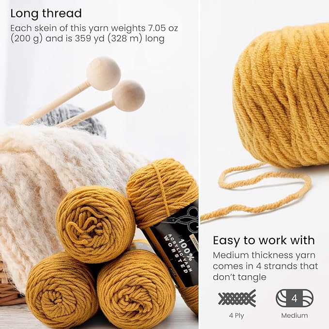 ARTEZA Acrylic Yarn for Crocheting, 4 x 200-g Skeins of Worsted Yarn for Knitting, Going for Gold A103, Knitting & Crochet Supplies