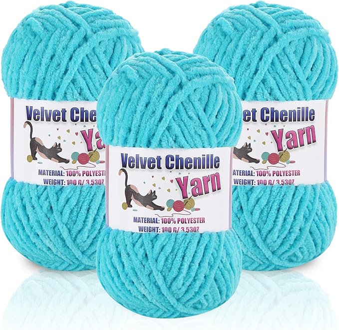 3 * 100g/3.5oz Fluffy Chenille Yarn for Crocheting, Chunky Velvet Yarn for Crochet Amigurumi, Used for Making Baby Yarns Blanket, Clothes, Pattern Knitting Creations (Lake Blue)