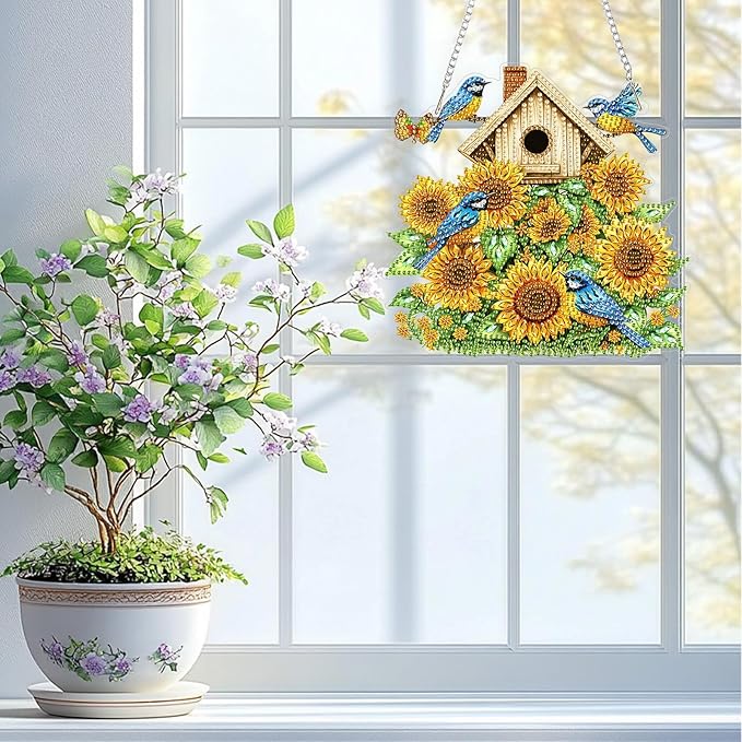 QENSPE Diamond Painting Art Hanging Kits for Adults, 5D Sunflower Diamond Paingting Ornaments with Chain, DIY Blue Birds Crystal Window Pendants for Home Wall Decor Double Sided Gift 8X8 inch