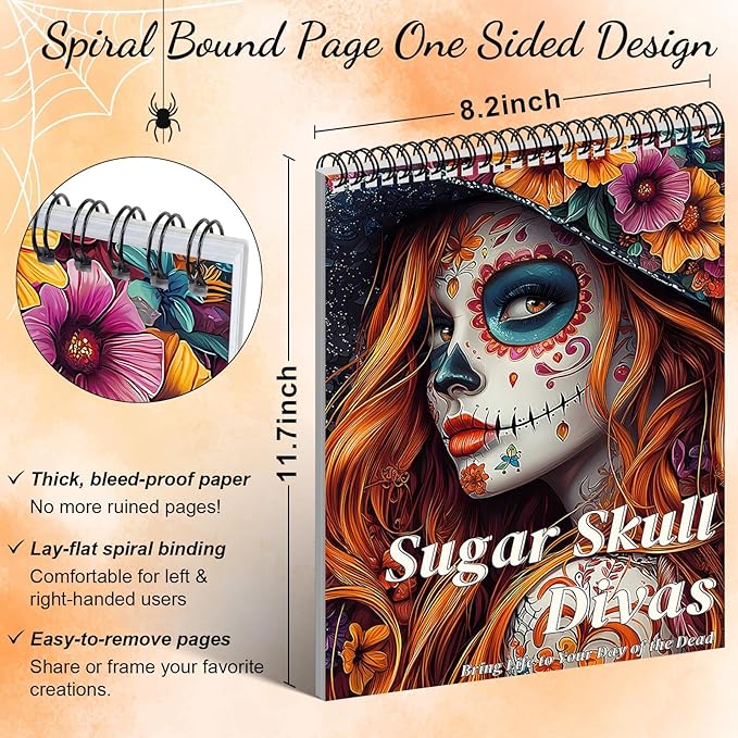 Sugar Skull Women Coloring Book for Adult Women Relaxation, Spiral Bound Printed On One Side, Adult Crafts, Relaxation Gifts, Thick Paper Non-Bleed