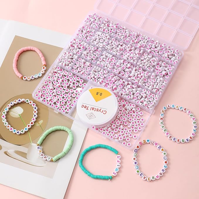 nikkiGuo 1250pcs 4x7mm White Round Acrylic Alphabet Beads A-Z Heart Beads with Numbers Crystal Line for Jewelry Bracelet, Necklace and Key Chains(Hot Pink White Colorful)