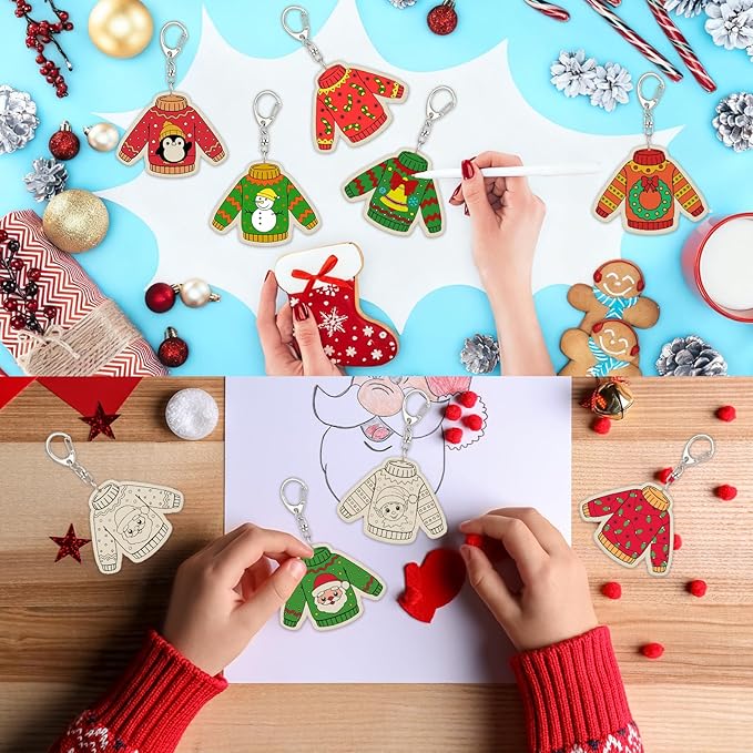 Trnayi 36 Pcs Christmas Ugly Sweater Crafts Unfinished Wooden Keychains Color Your Own Ugly Sweater Ornament DIY Blank Wood Painting Keychains for Adults Key Ring Art Pendant Xmas Tree Decor