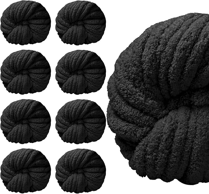 SUNTQ 8 Pack Chunky Chenille Yarn for Crocheting, Hand Knitting Blanket, Pet Bed,Home Decor,Dark Black(32 yds,8.8 oz Each Skein)