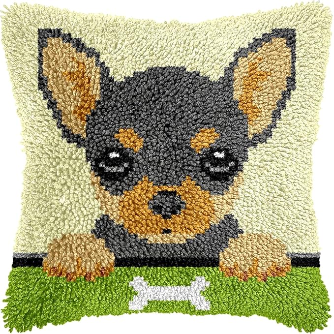 veirousa Chihuahua Puppy Latch Hook Kits for Adults Kids, Beginners DIY Throw Pillow Kit Pre-Printed Mesh Canvas Hook and Latch Rug Kits Cross-Stitch Cushion Cover for Home Sofa Decoration 17x17 in.