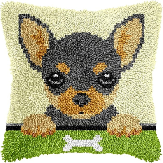 veirousa Chihuahua Puppy Latch Hook Kits for Adults Kids, Beginners DIY Throw Pillow Kit Pre-Printed Mesh Canvas Hook and Latch Rug Kits Cross-Stitch Cushion Cover for Home Sofa Decoration 17x17 in.