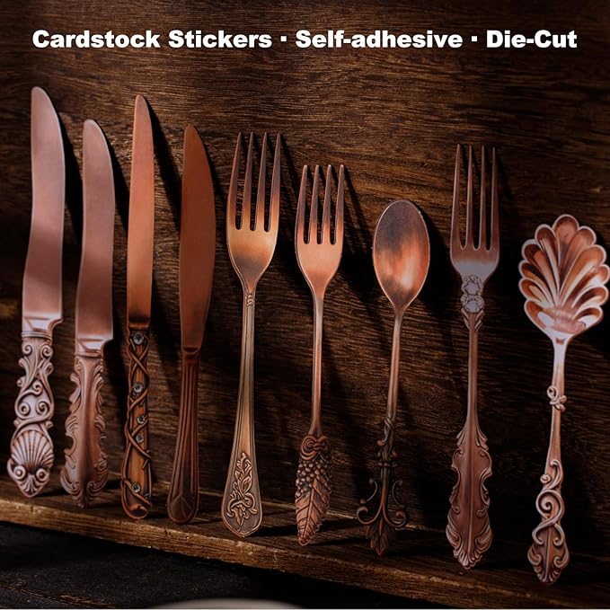 Retro Tableware Cardstock Sticker Set – 60pcs Vintage Metal Utensils for Scrapbook, Journal, Collage & Paper Crafts