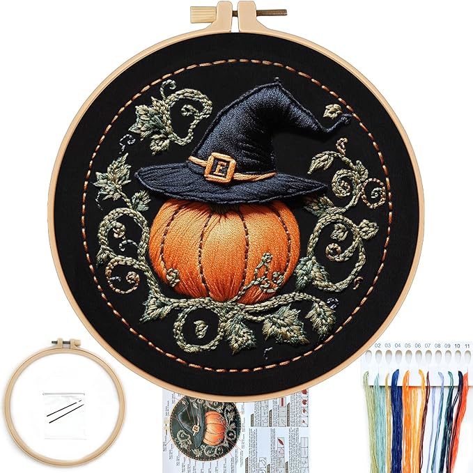 FONNUY Pumpkin Embroidery Kit for Beginners, Pre-Stamped Pattern Kits for Adults with Hoop, Easy to Follow Color Thread Needlework, 8'' Hoop (Witch Hat 4)