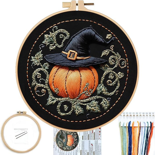 FONNUY Pumpkin Embroidery Kit for Beginners, Pre-Stamped Pattern Kits for Adults with Hoop, Easy to Follow Color Thread Needlework, 8'' Hoop (Witch Hat 4)