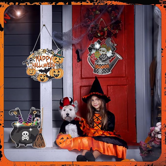 Chitidr 6 Pcs Halloween Diamond Painting Hanging Sign Set Witch Pumpkin Gnome Diamond Art Paint Arts Set 5D DIY Ornaments Kits for Halloween Wall Door Window Decor