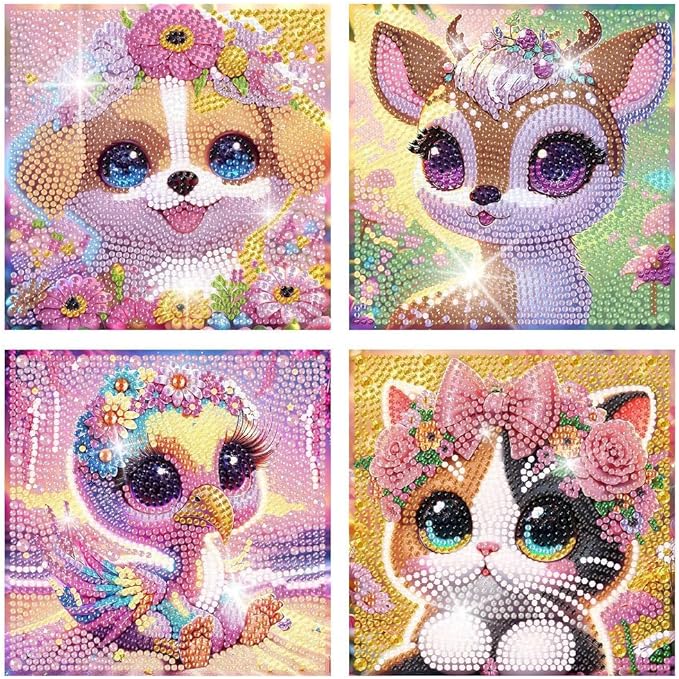 cdjlddww 4 Packs Cartoon Diamond Art Kits for Kid,5D Cute Animals Diamond Arts Mosaic Kits for Kid Beginner,DIY Full Round Drill Gem Art for Home Wall Decor Kids Present 6X6 inch(Without Frame)