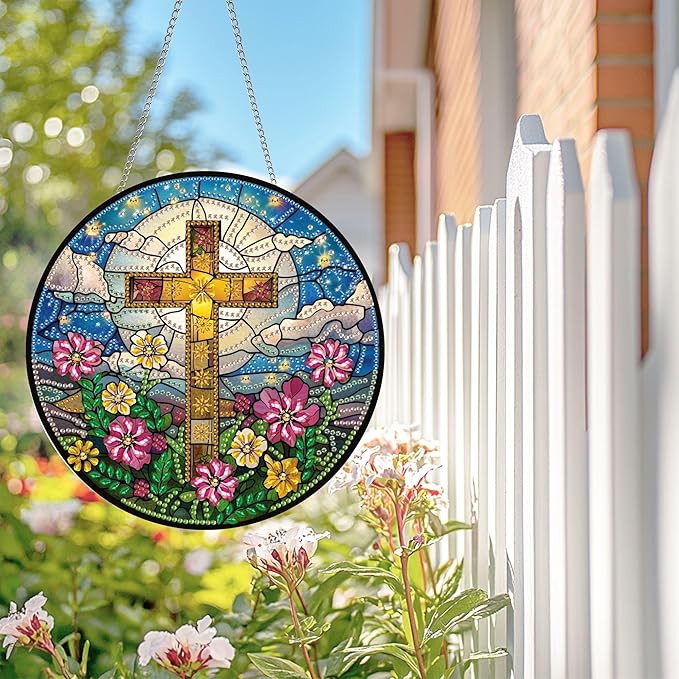 Wergund 5D DIY Cross Religion Diamond Art Hanging Kits, Hanging Diamond Art Flower, Acrylic Special Shaped Rhinestone, Window Hanging Pendants for Home Wall Garden Front Door Outdoor Decor Gift