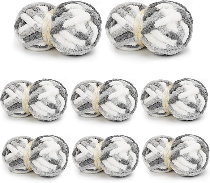 Chunky Yarn for Hand Knitting, Chunky Chenille Blanket Yarn for Crocheting, Bulky Soft Fluffy Chenille for Blanket Project, 8 Pack of 8oz/25yds, White&Gray