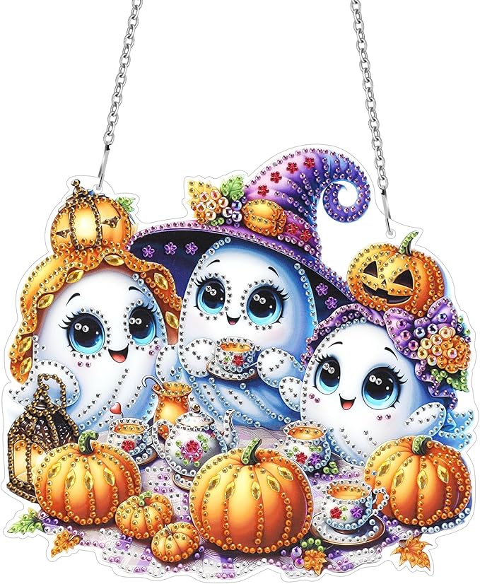 MUNORIAY Diamond Art Hanging Kit for Adult,Special Shaped Rhinestone,5D DIY Acrylic Double Sided Diamond Art Painting Window Pendants,Home Garden Wall Decor Hanging Ornament (Halloween Ghost)