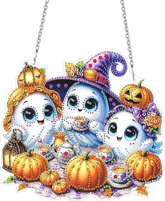 MUNORIAY Diamond Art Hanging Kit for Adult,Special Shaped Rhinestone,5D DIY Acrylic Double Sided Diamond Art Painting Window Pendants,Home Garden Wall Decor Hanging Ornament (Halloween Ghost)