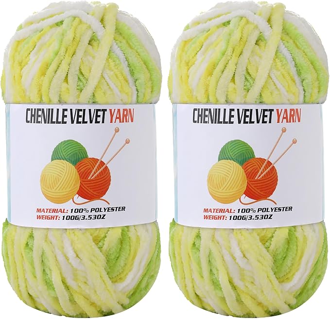 2 * 100g Velvet Chenille Chunky Yarn, Handcrafts Weaving Soft Chenille Yarn for Crocheting Clearance, Used for Making Baby Yarn Blanket, Clothes, Knitting Creations (Colorful - A)