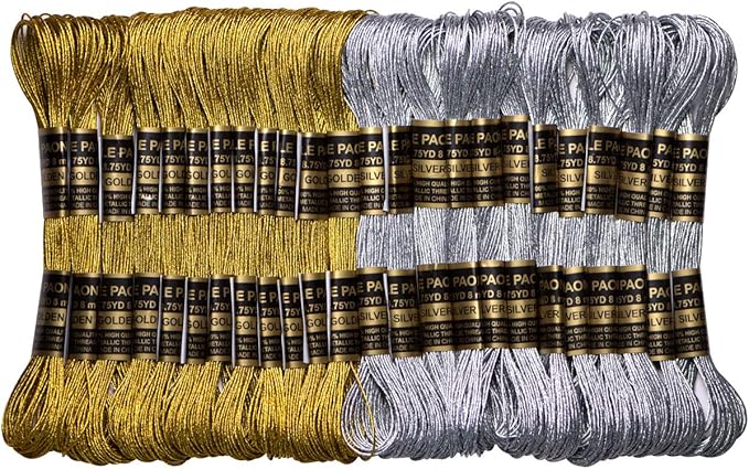 24 Skeins Metallic Embroidery Thread -Cross Stitch Threads - Friendship Bracelets String - Crafts Floss Gold and Sliver