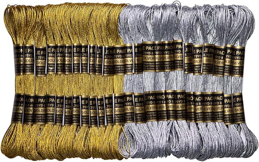 24 Skeins Metallic Embroidery Thread -Cross Stitch Threads - Friendship Bracelets String - Crafts Floss Gold and Sliver