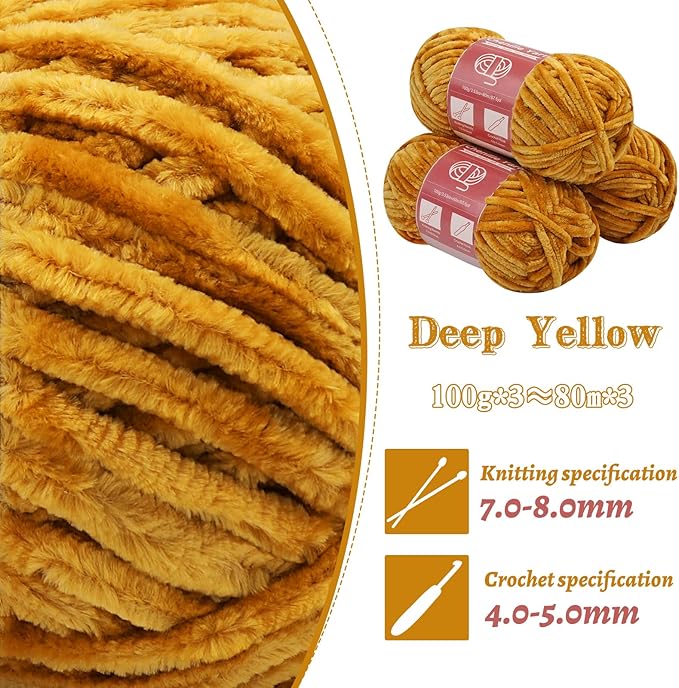 LUNARM 3 * 100g Chenille Yarn, Yarn for Crocheting Knitting with Big Eye Needles, Handcrafts Weaving Soft Chenille Yarn for Making Blankets, Clothes, Pattern Knitting Creations (Deep Yellow)