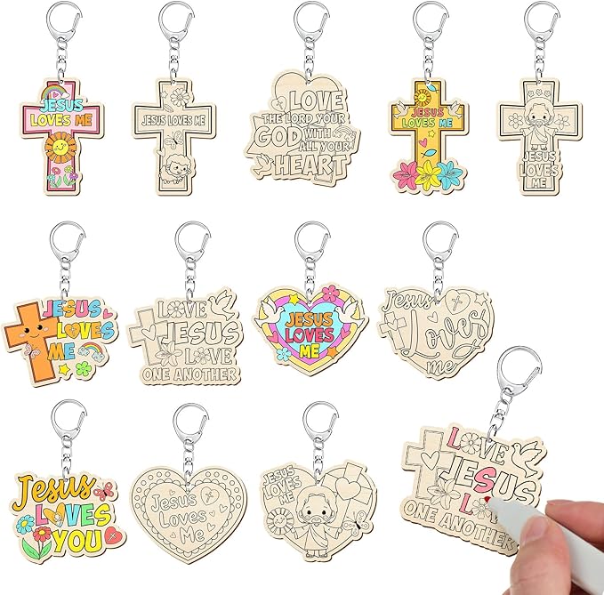 Trnayi 36 Pcs Christian Unfinished Crafts Color Your Own Jesus Loves Me Religious Keychains Wood DIY Coloring Crafts Gifts for Religious Painting DIY Arts Project Decoration