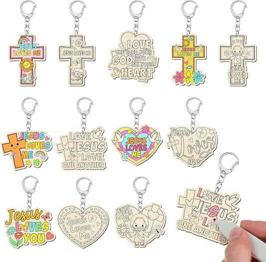 Trnayi 36 Pcs Christian Unfinished Crafts Color Your Own Jesus Loves Me Religious Keychains Wood DIY Coloring Crafts Gifts for Religious Painting DIY Arts Project Decoration
