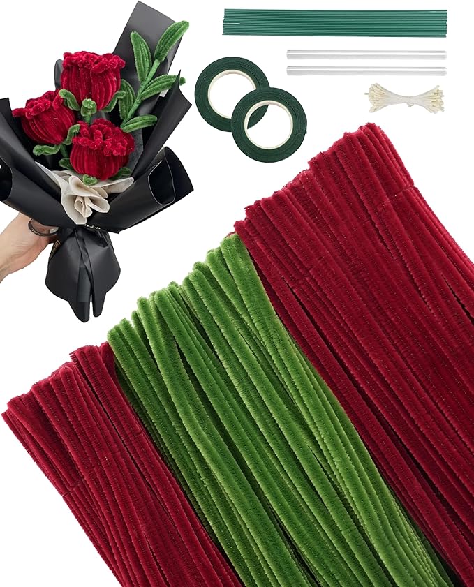 300 Pcs Thick Pipe Cleaners,Craft Supplies Floral Bonquet,DIY Flower Making Kit for Starter with Floral Wires, Gardening Tape,Stamen (RED+Green)
