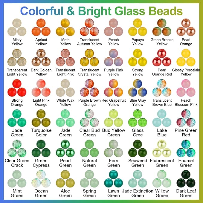 XSEINO About 1200PCS 8mm Glass Beads Bracelet Making Kit，48 Assorted Yellow and Green Series Colorful Crystal Beads for Making and DIY Crafts