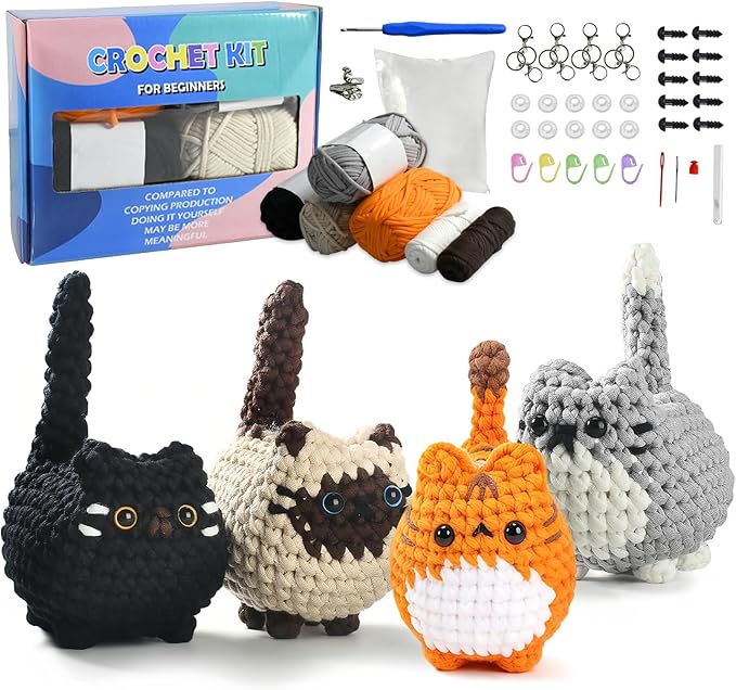 Esoes Crochet Kit for Beginners-4PCS Cat Crochet Kits for Adults, Amigurumi Crochet Animals Cat Crafts Crochet Kits, Holiday Gifts