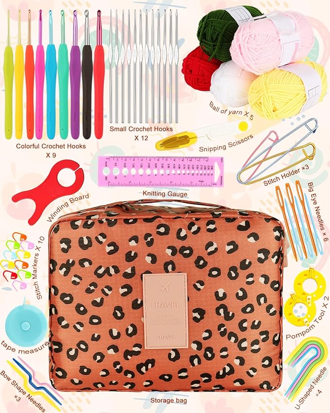 coopay crochet kit beginners crochet hook set with crochet yarn,58pcs portable crochet set ergonomic crochet hooks travel knitting crochet supplies