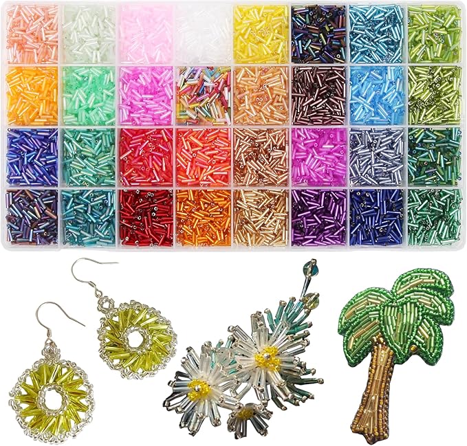EuTengHao 9600Pcs Tube Beads Kit 7mm Glass Bugle Seed Beads for Jewelry Making Embroidery & Home Decoration (32 Vibrant Colors)