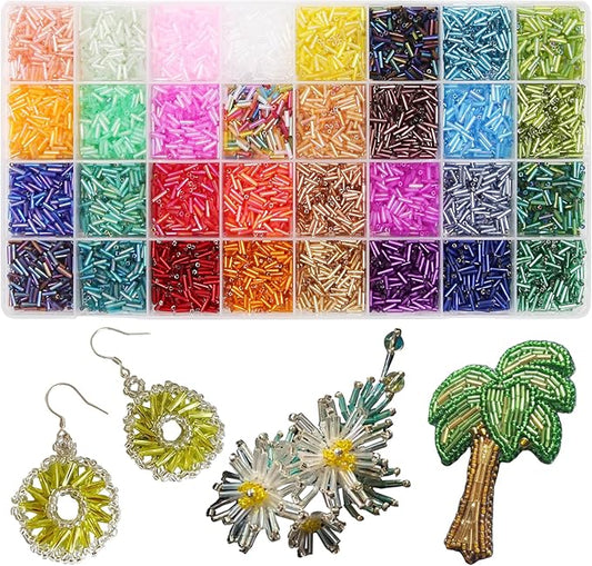 EuTengHao 9600Pcs Tube Beads Kit 7mm Glass Bugle Seed Beads for Jewelry Making Embroidery & Home Decoration (32 Vibrant Colors)