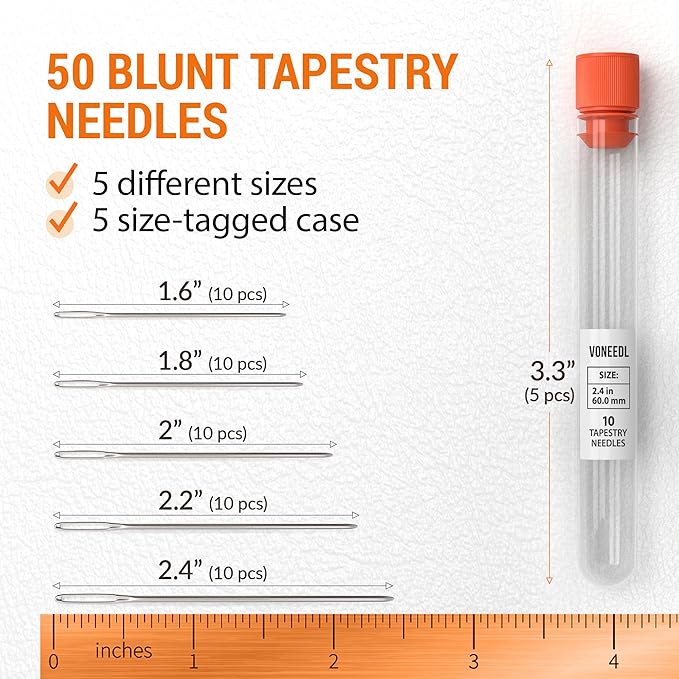 VONEEDL Large Eye Blunt Tapestry Needles (Pack of 50) - 5 Sizes with 5 Storage Tubes - Perfect for Darning, Embroidery, Cross-Stitching, Needlepoint, Crafting, Knitting, Weaving, and DIY