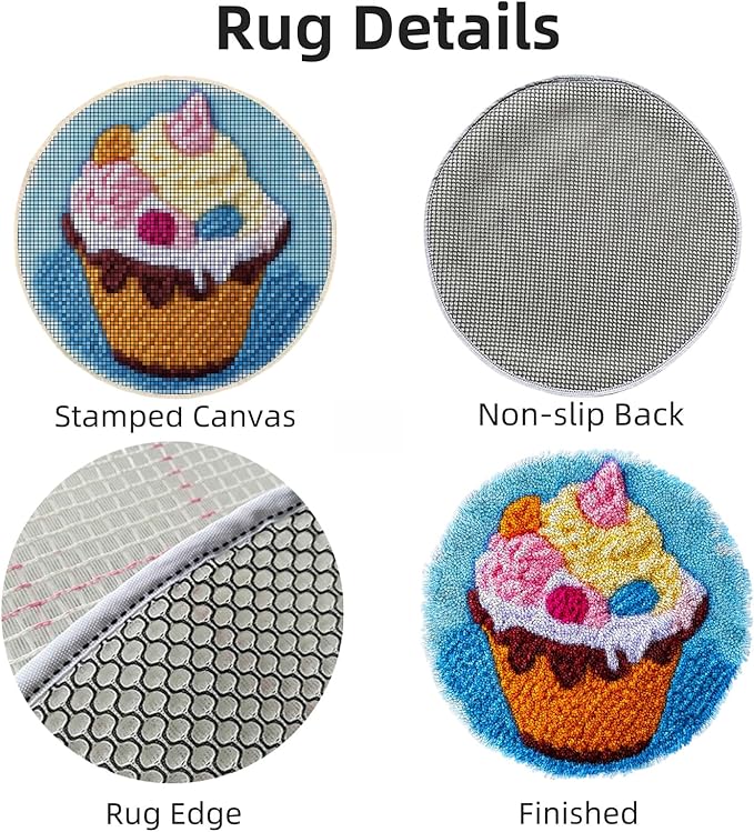 Latch Hook Mini Rug Kit Cute Ice Cream Cup Easy for Beginners Round Shape Carpet Crochet Yarn Craft DIY Hook and Latch Little Tapestry for Home Decor 30x30cm
