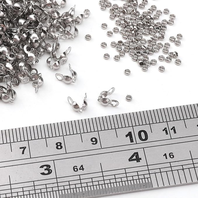 304 Stainless Steel Crimp Beads 2.0mm and End Caps 3.2x6.3mm Set 200pcs for Jewelry DIY Making and Repairing