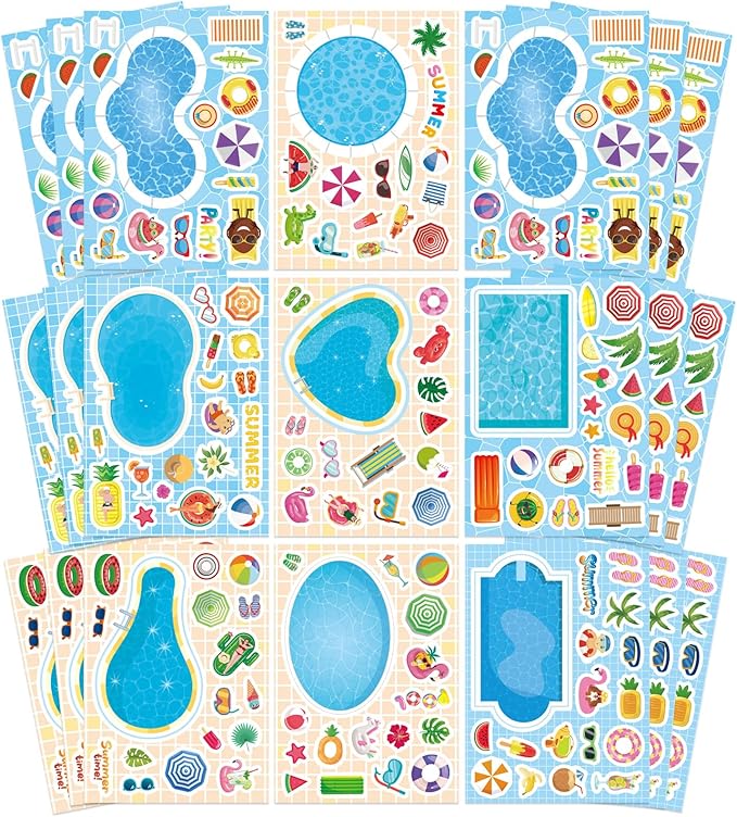 24 sheets summer stickers for kids, make a pool sticker, make your own stickers mix & match craft kit for summer party favors & activities