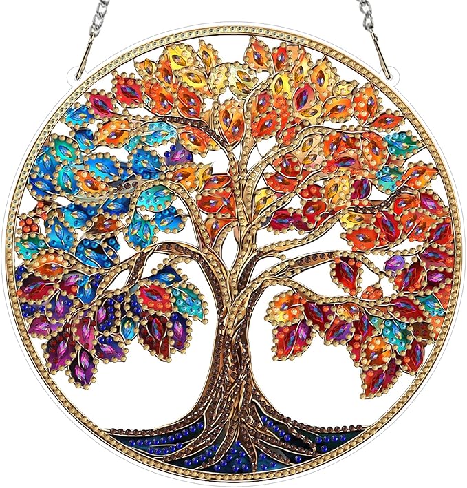 MXJSUA Colorful Tree Diamond Art Hanging Kits for Adults Beginners, DIY Acrylic Special Shaped Crystal Diamond Gem Art Pendant Drills Painting Ornament for Home Wall Decor and Gift
