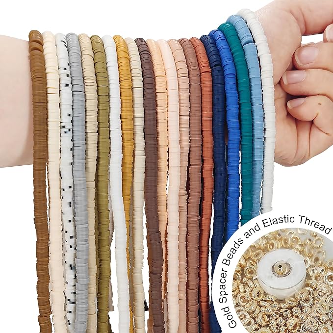 MIIIM 8000 PCS 20 Colors Neutral Clay Beads Strands, Polymer Clay Beads Kit for Bracelets Making, Vinyl Heishi 6mm, with Gold Spacers and Elastic Thread, for Bracelets Necklace