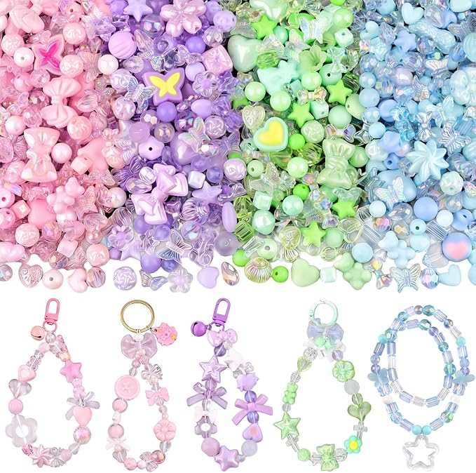 210-270PCS TINKRSTUFF Assorted Acrylic Beads, 4 Colors Series Cute Beads for Bracelet Making, Bow Flower GummyBear Kawaii Charms, Aesthetic Bead for Necklace Keychain Jewelry Making DIY Phone Charm