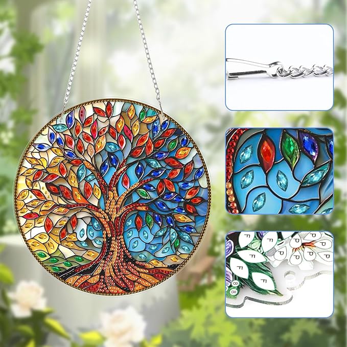 Lxmsja DIY Stained Glass Tree of Life Diamond Painting Hanging Ornament, Double-Sided Acrylic Colorful Leaves Diamond Art Kit, Special Shaped Suncatcher Hanging Pendant Window Art Kit