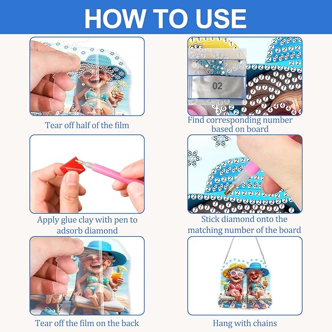 CEOVR Happy Grandma Hanging Diamond Art for Adults, Summer Beach Diamond Painting Pendant DIY Gem Art Wall Ornament, Acrylic Home Garden Decor with Chain, Box Kit 7.87×7.39inch