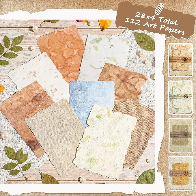 112 Pcs Textured Vintage Scrapbook Paper, 4 Themes Scrapbook Journaling Supplies, Embossed Designs Scrapbooking Kit Decorative Paper for Junk Journals, Card Making, Collage Art, Retro Crafts