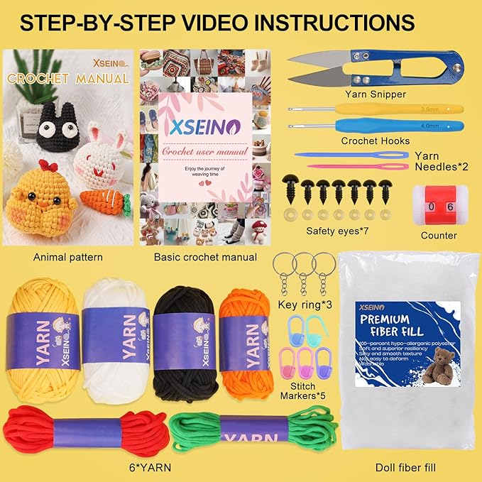 XSEINO Crochet Kit for Beginners,Crochet Start Kit with Step-by-Step Video Tutorials,Learn to Crochet Kit for Beginners - Cat,Chick,Rabbit,Carrot