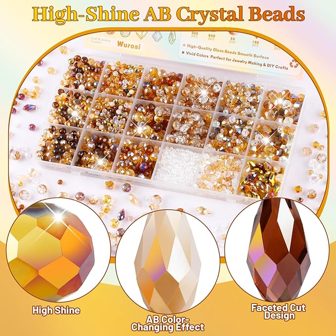 1750 Pcs Glass Beads for Jewelry Making – High Shine, Faceted Cut Design Crystal Beads, DIY Bracelet Necklace Earring Craft Kit with Organizer Box for Valentine's Day Birthday Gifts, Champagne