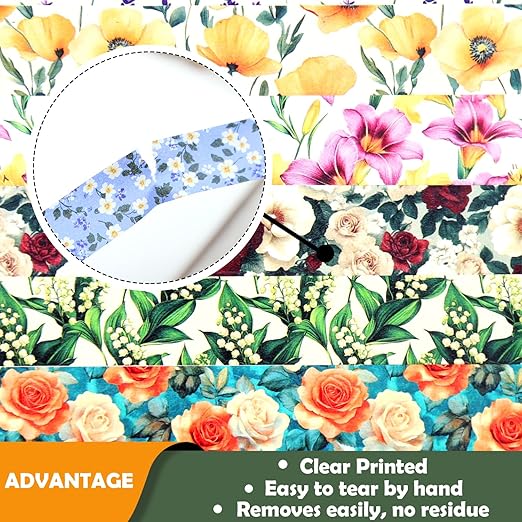 12 Rolls Flower Washi Tape Set, Colorful Floral Decorative Tape Vintage Botanical Masking Tape for Journaling Supplies, Junk Journal, Scrapbooking, DIY Arts & Crafts, Gift Wrapping