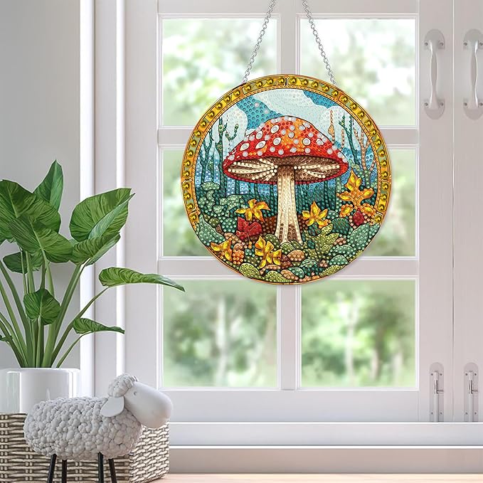 SKRYUIE Mushroom Hanging Diamond Art Kits for Adults Pendant Suncatcher, Special Shaped Crystal DIY Pearl Diamond Painting Kit, Gift for Mother Spring Summer Window Wreath Decor 7.64 x 7.64 Inch A7