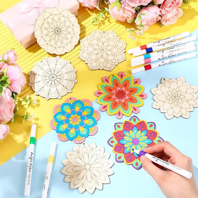 Blosssound 40 Pcs Unfinished Wood Mandala to Paint Wooden Mandala Painting Crafts Diwali Art Slices for Adult to Relax Painting DIY Crafts Ornament Wedding Home Decorations, 4 Inch(Fresh)