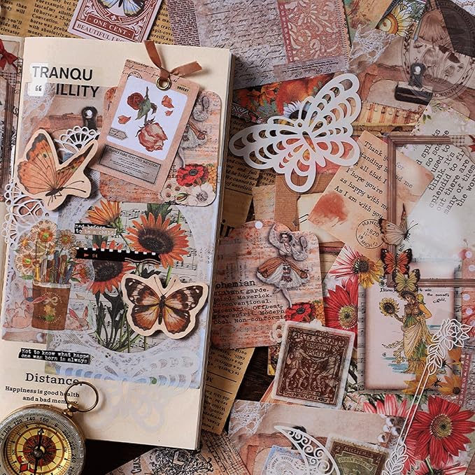 200Pcs Vintage Scrapbook Paper Sticker Kit, Nature Flowrs Scrapbooking Decals for Junk Journal Supplies Card Making Stationery Album, Collage, Planner, Gift Wrapping Craft