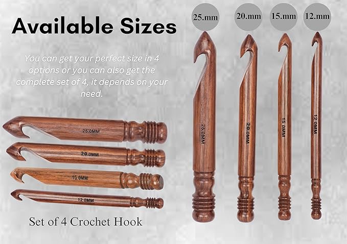 Wooden Crochet Hook | Knitting Needle with Ergonomic Soft Grip Handles | Handcrafted Crochet Hook Set | Indian Rosewood Crochet Hook with Engraved Size (12 mm)